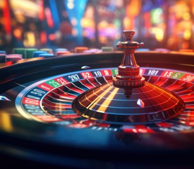 Roulette wheel glimmers amidst  bustling casino floor.